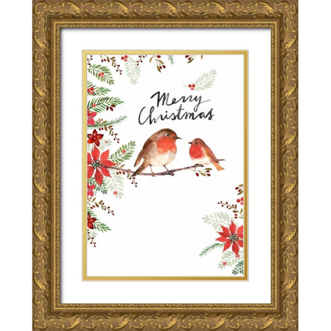 Merry Christmas Birds Gold Ornate Wood Framed Art Print with Double Matting by P.S. Art Studios
