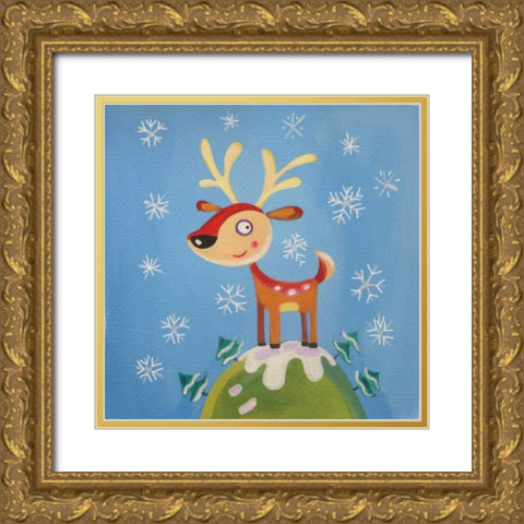Mountain Top Reindeer Gold Ornate Wood Framed Art Print with Double Matting by P.S. Art Studios