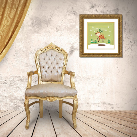 Playful Reindeer Gold Ornate Wood Framed Art Print with Double Matting by P.S. Art Studios