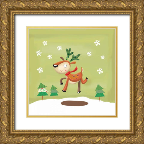 Playful Reindeer Gold Ornate Wood Framed Art Print with Double Matting by P.S. Art Studios