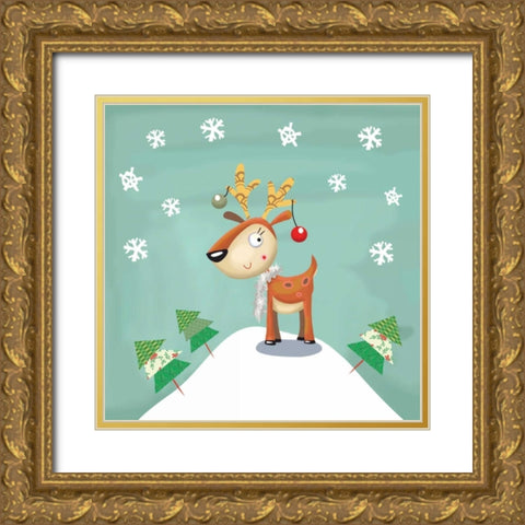 Snowy Reindeer Gold Ornate Wood Framed Art Print with Double Matting by P.S. Art Studios