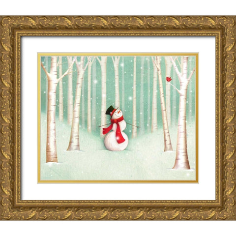 Holiday Joys Snowman Gold Ornate Wood Framed Art Print with Double Matting by P.S. Art Studios