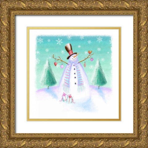 Holiday Snowman Gold Ornate Wood Framed Art Print with Double Matting by P.S. Art Studios