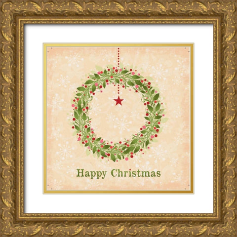 Happy Christmas Gold Ornate Wood Framed Art Print with Double Matting by P.S. Art Studios