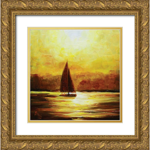 Sail Sunset Gold Ornate Wood Framed Art Print with Double Matting by P.S. Art Studios