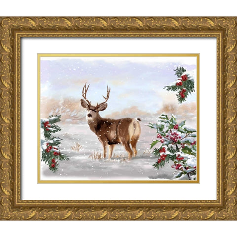 Holiday Deer Gold Ornate Wood Framed Art Print with Double Matting by P.S. Art Studios