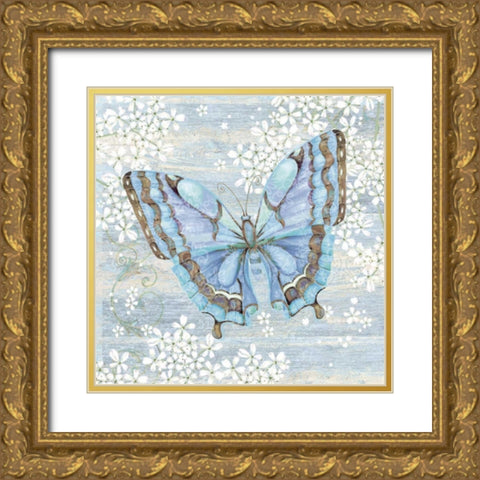Blue Butterfly Gold Ornate Wood Framed Art Print with Double Matting by P.S. Art Studios