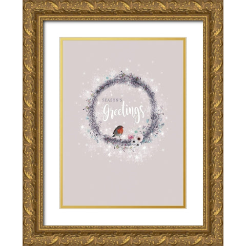 Seasons Greetings Gold Ornate Wood Framed Art Print with Double Matting by P.S. Art Studios