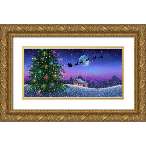 Santas Sleigh Gold Ornate Wood Framed Art Print with Double Matting by P.S. Art Studios