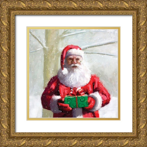 Santa and Gift Gold Ornate Wood Framed Art Print with Double Matting by P.S. Art