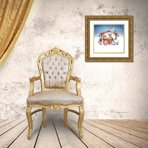 Animal Nativity Gold Ornate Wood Framed Art Print with Double Matting by P.S. Art