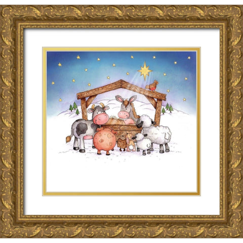 Animal Nativity Gold Ornate Wood Framed Art Print with Double Matting by P.S. Art