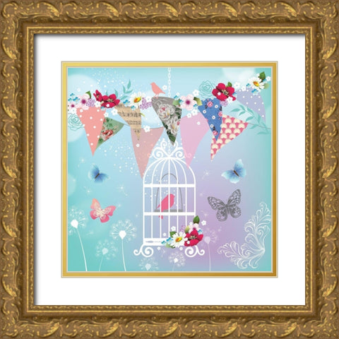 Bird in Cage Gold Ornate Wood Framed Art Print with Double Matting by P.S. Art
