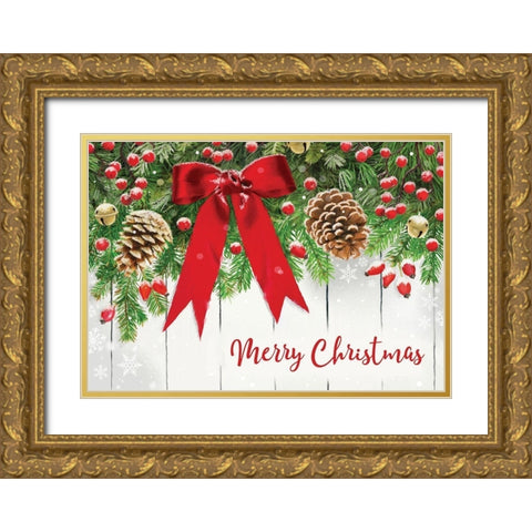 Merry Christmas Gold Ornate Wood Framed Art Print with Double Matting by P.S. Art