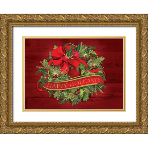 Christmas Wreath Gold Ornate Wood Framed Art Print with Double Matting by P.S. Art
