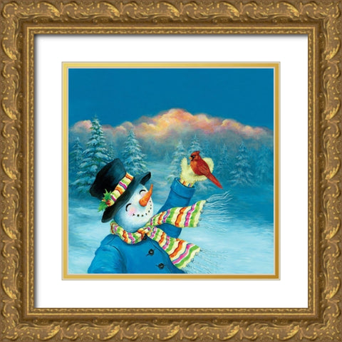Cardinal and Snowman Gold Ornate Wood Framed Art Print with Double Matting by P.S. Art
