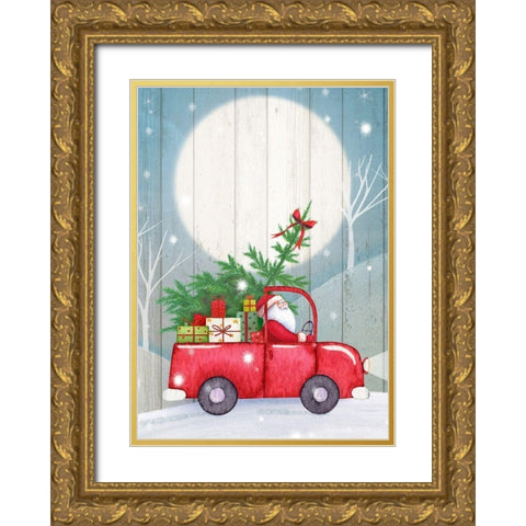 Santa Truck Gold Ornate Wood Framed Art Print with Double Matting by P.S. Art