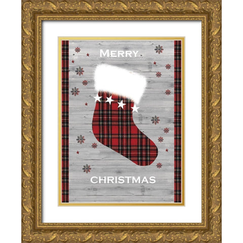 Merry Christmas Stocking Gold Ornate Wood Framed Art Print with Double Matting by P.S. Art