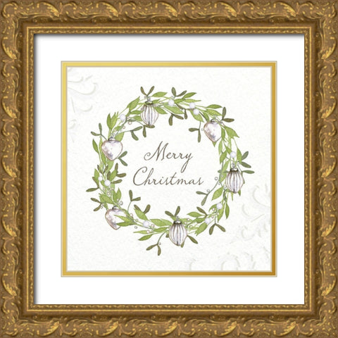 Merry Christmas Wreath Gold Ornate Wood Framed Art Print with Double Matting by P.S. Art