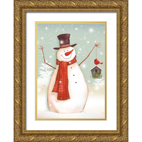 Birdhouse Snowman Gold Ornate Wood Framed Art Print with Double Matting by P.S. Art