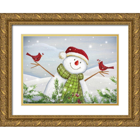 Cardinal Snowman Gold Ornate Wood Framed Art Print with Double Matting by P.S. Art