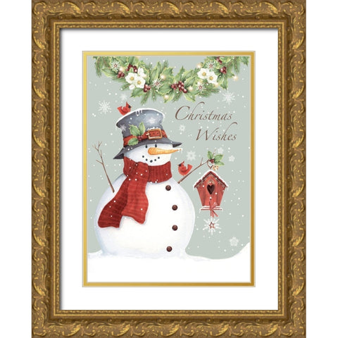 Christmas Wishes Snowman Gold Ornate Wood Framed Art Print with Double Matting by P.S. Art