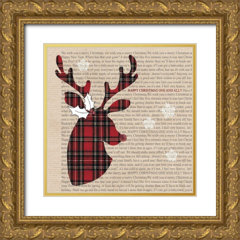 Plaid Reindeer Gold Ornate Wood Framed Art Print with Double Matting by P.S. Art
