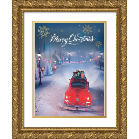 Merry Christmas Gold Ornate Wood Framed Art Print with Double Matting by P.S. Art