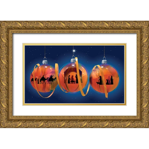 Nativity Ornaments Gold Ornate Wood Framed Art Print with Double Matting by P.S. Art