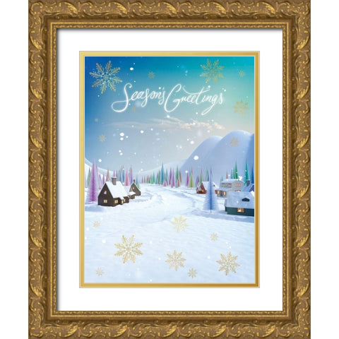 Seasons Greetings Gold Ornate Wood Framed Art Print with Double Matting by P.S. Art