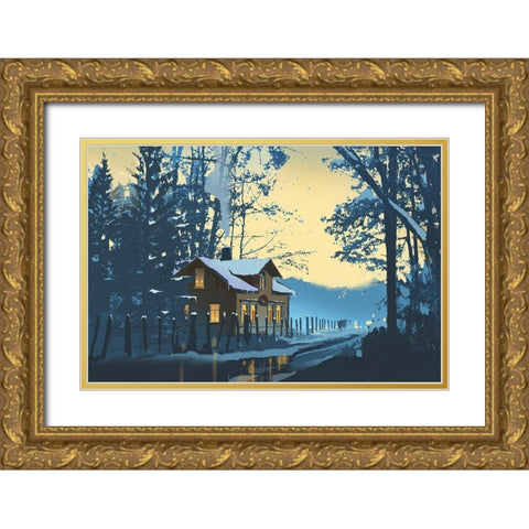 Holiday House III Gold Ornate Wood Framed Art Print with Double Matting by P.S. Art