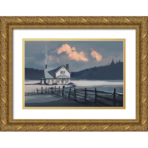 House on a Blue Lake Gold Ornate Wood Framed Art Print with Double Matting by P.S. Art