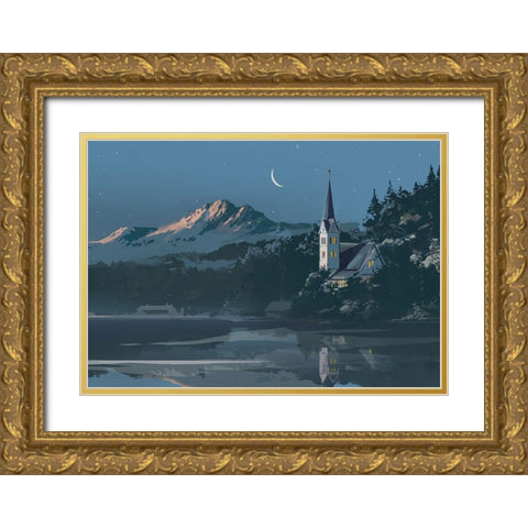 Church on a Blue Lake Gold Ornate Wood Framed Art Print with Double Matting by P.S. Art