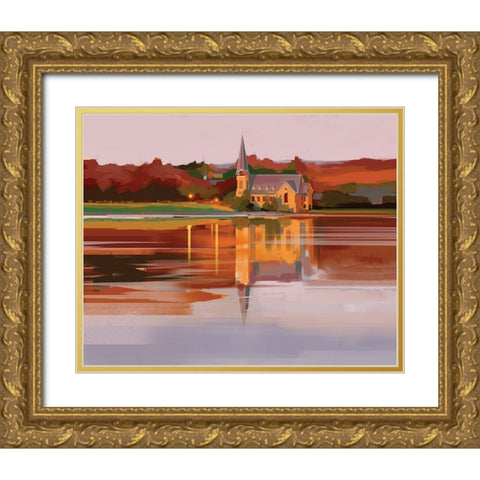 Church at Sunset Gold Ornate Wood Framed Art Print with Double Matting by P.S. Art