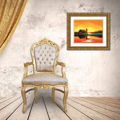 Barn at Sunset Gold Ornate Wood Framed Art Print with Double Matting by P.S. Art