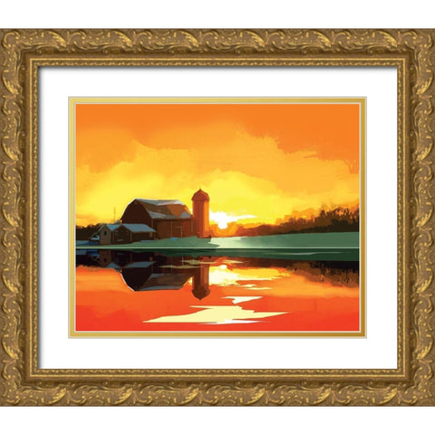 Barn at Sunset Gold Ornate Wood Framed Art Print with Double Matting by P.S. Art