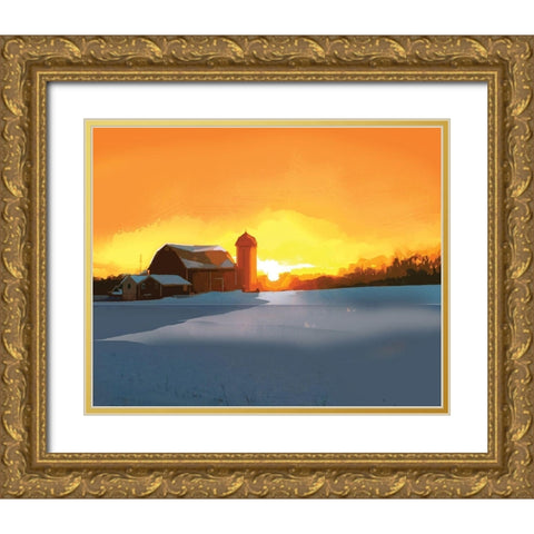 Winter Barn at Sunset Gold Ornate Wood Framed Art Print with Double Matting by P.S. Art