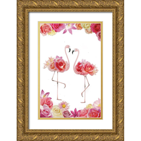 Couple of Flamingos Gold Ornate Wood Framed Art Print with Double Matting by P.S. Art