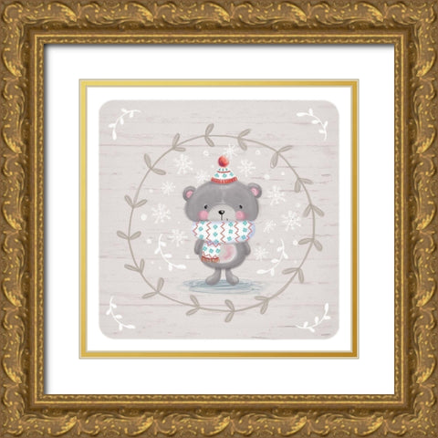 Winter Baby Bear Gold Ornate Wood Framed Art Print with Double Matting by P.S. Art