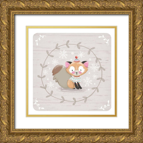 Winter Baby Fox Gold Ornate Wood Framed Art Print with Double Matting by P.S. Art