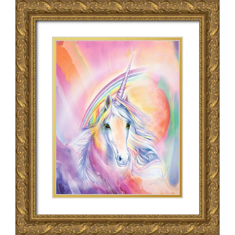 Rainbow Unicorn Gold Ornate Wood Framed Art Print with Double Matting by P.S. Art