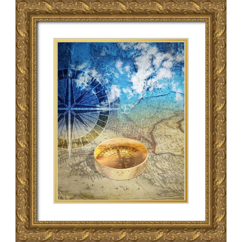 Compass Gold Ornate Wood Framed Art Print with Double Matting by P.S. Art