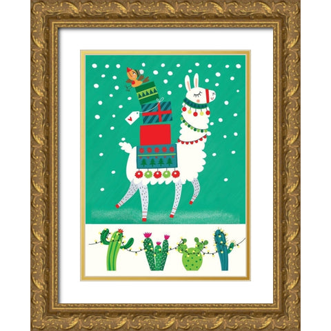 Llama Christmas Gold Ornate Wood Framed Art Print with Double Matting by P.S. Art