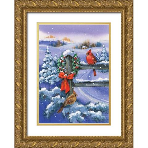 Christmas Cardinal Gold Ornate Wood Framed Art Print with Double Matting by P.S. Art