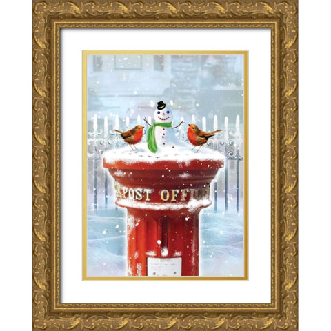 Post Office Snowman Gold Ornate Wood Framed Art Print with Double Matting by P.S. Art