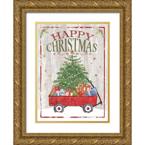 Happy Christmas Wagon Gold Ornate Wood Framed Art Print with Double Matting by P.S. Art