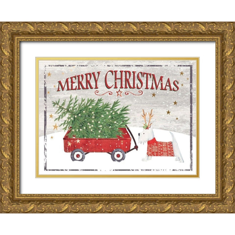 Merry Christmas Wagon Gold Ornate Wood Framed Art Print with Double Matting by P.S. Art