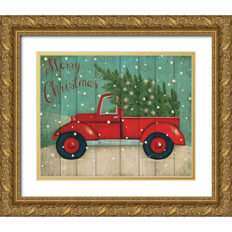 Christmas Truck Gold Ornate Wood Framed Art Print with Double Matting by P.S. Art