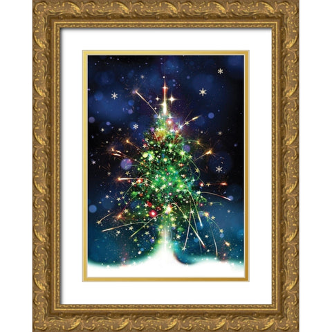 Christmas Tree Bliss Gold Ornate Wood Framed Art Print with Double Matting by P.S. Art
