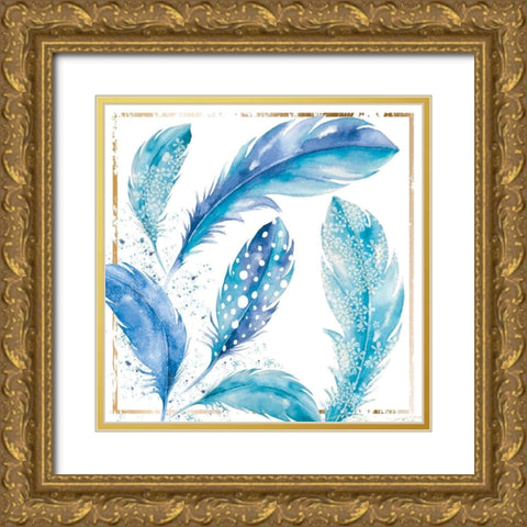 Blue Feather Bliss I Gold Ornate Wood Framed Art Print with Double Matting by P.S. Art